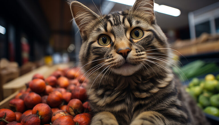 Cute kitten sitting, looking at camera, playing with food generated by AI