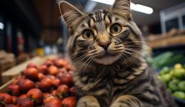 Cute kitten sitting, looking at camera, playing with food generated by artificial intelligence